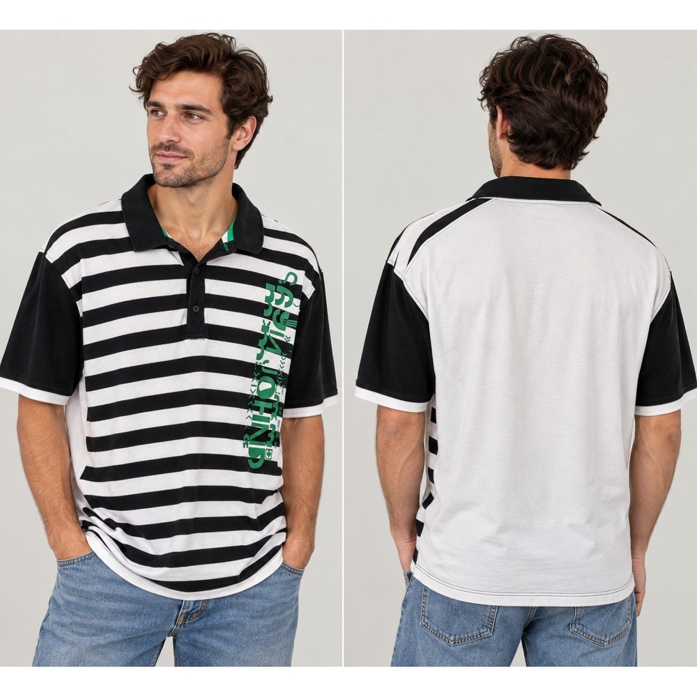 Sean John Polo Shirt Mens XXL Y2K Streetwear Striped Graphic Black White